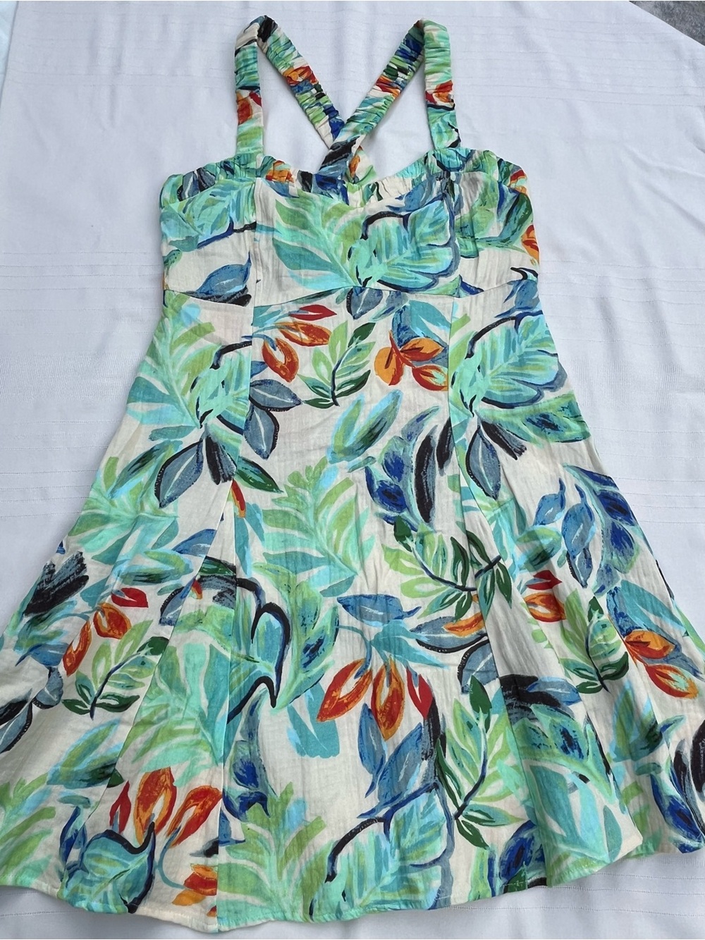 NWOT Mystree Cotton Tropical Leaf Print Sundress smocked back Small